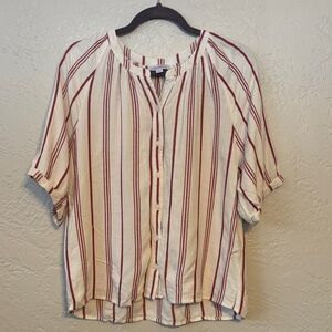 Evereve Red and White Striped Short Sleeve Linen Blend Button Front Top L